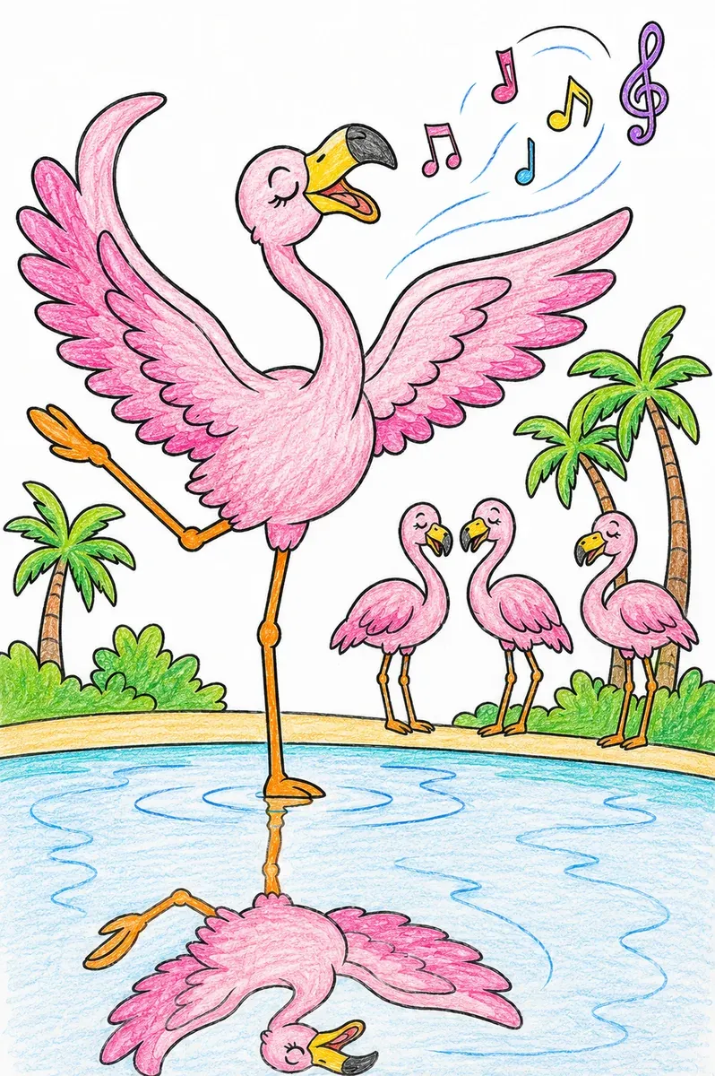 Flamingo tanzt fröhlich am Lagunenrand