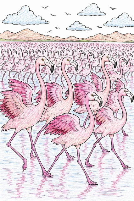 Ausmalbild: Flamingo-Herde tanzt synchron im rosaroten Sodasee