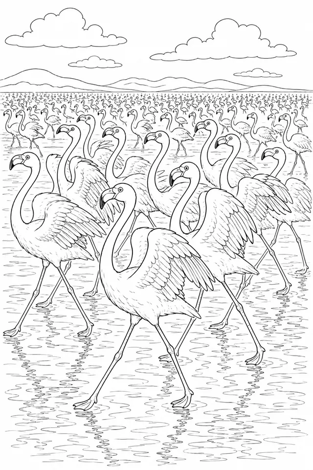 Flamingo-Kolonie tanzt am rosafarbenen See
