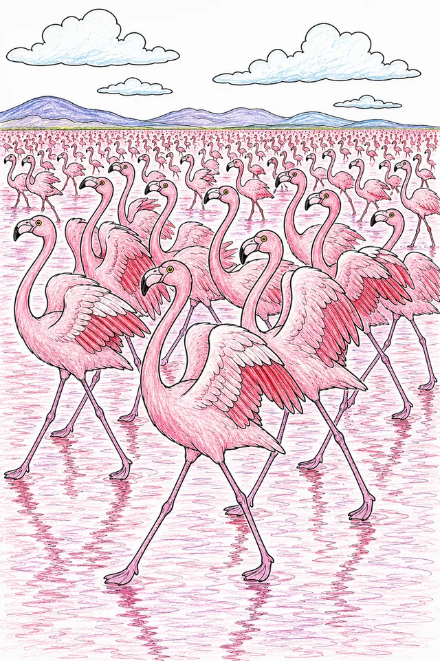 Ausmalbild: Flamingo-Herde tanzt synchron im rosaroten Sodasee