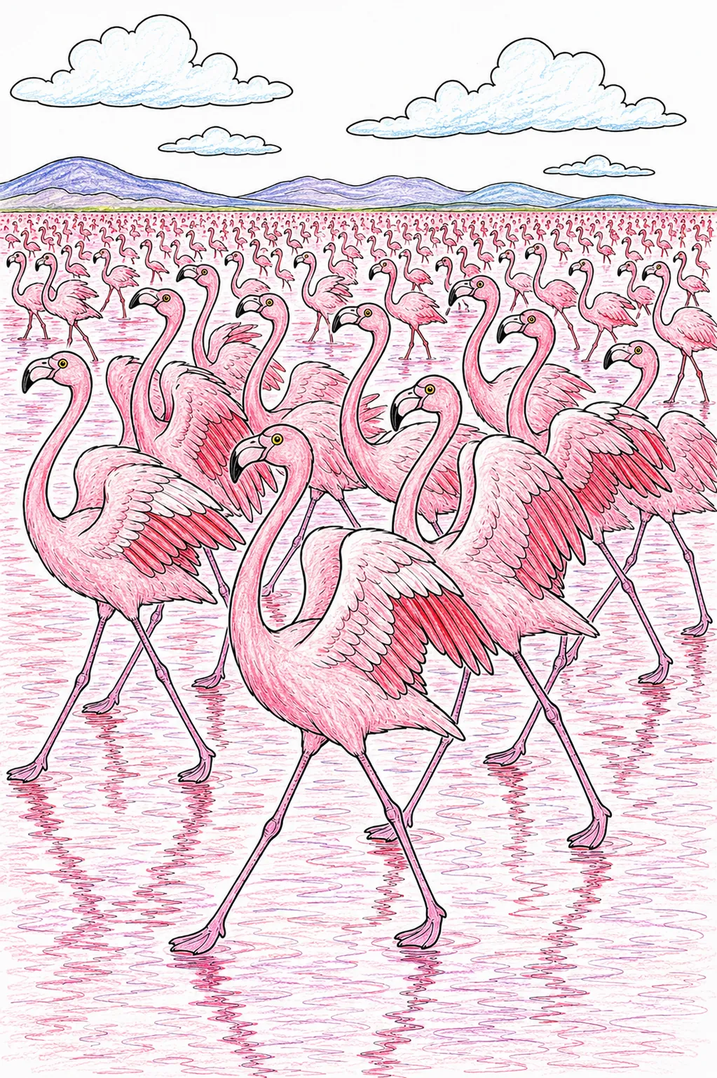 Flamingo-Kolonie tanzt am rosafarbenen See