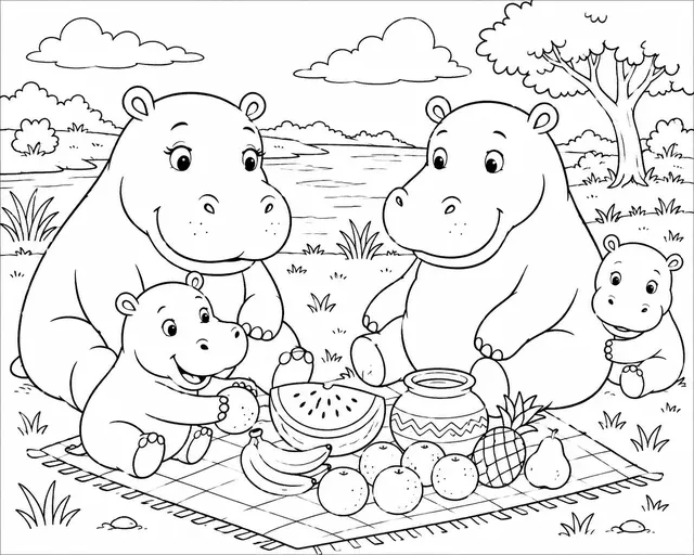 Flusspferd-Familie picknickt am Flussufer