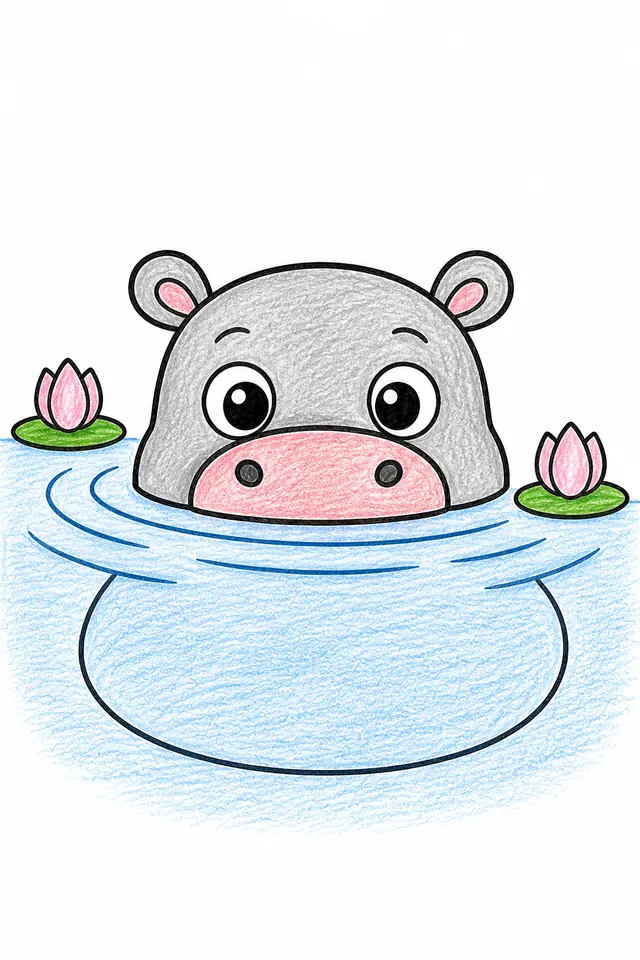 Ausmalbild: Rundes Baby-Nilpferd schaut neugierig mit großen Augen aus dem Wasser