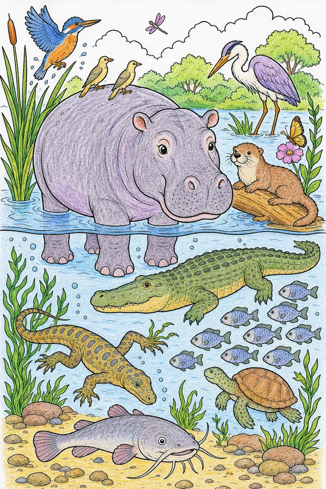 Ausmalbild: Flussquerschnitt mit Nilpferd und Vögeln oben, Krokodil und Fischen unten