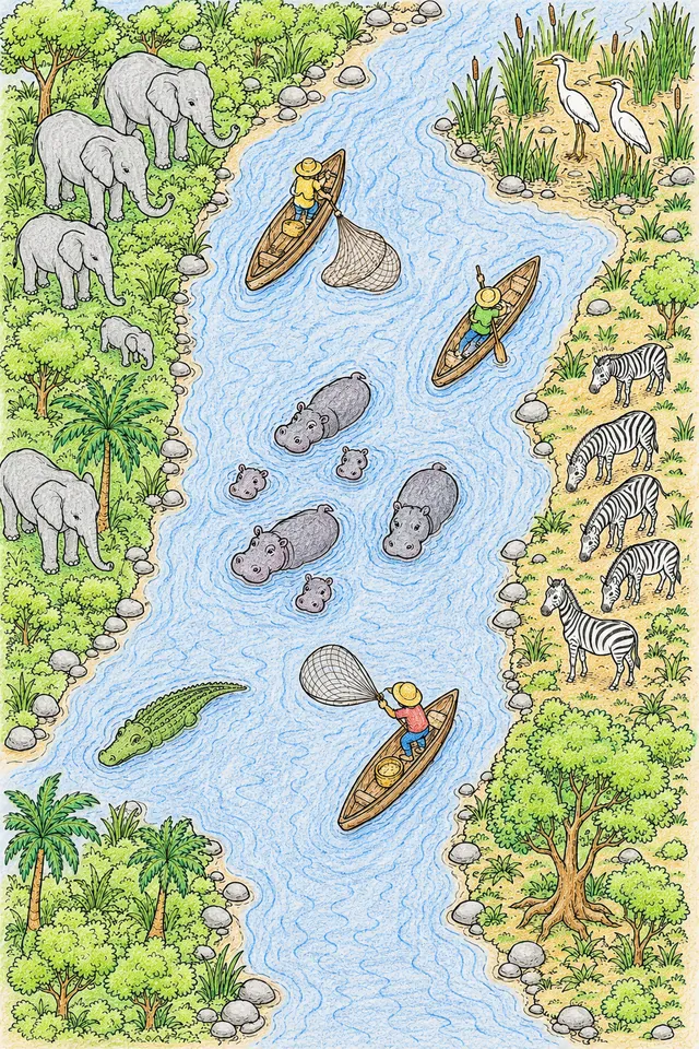 从上方俯瞰河流场景，有船只和动物 – 涂色效果预览