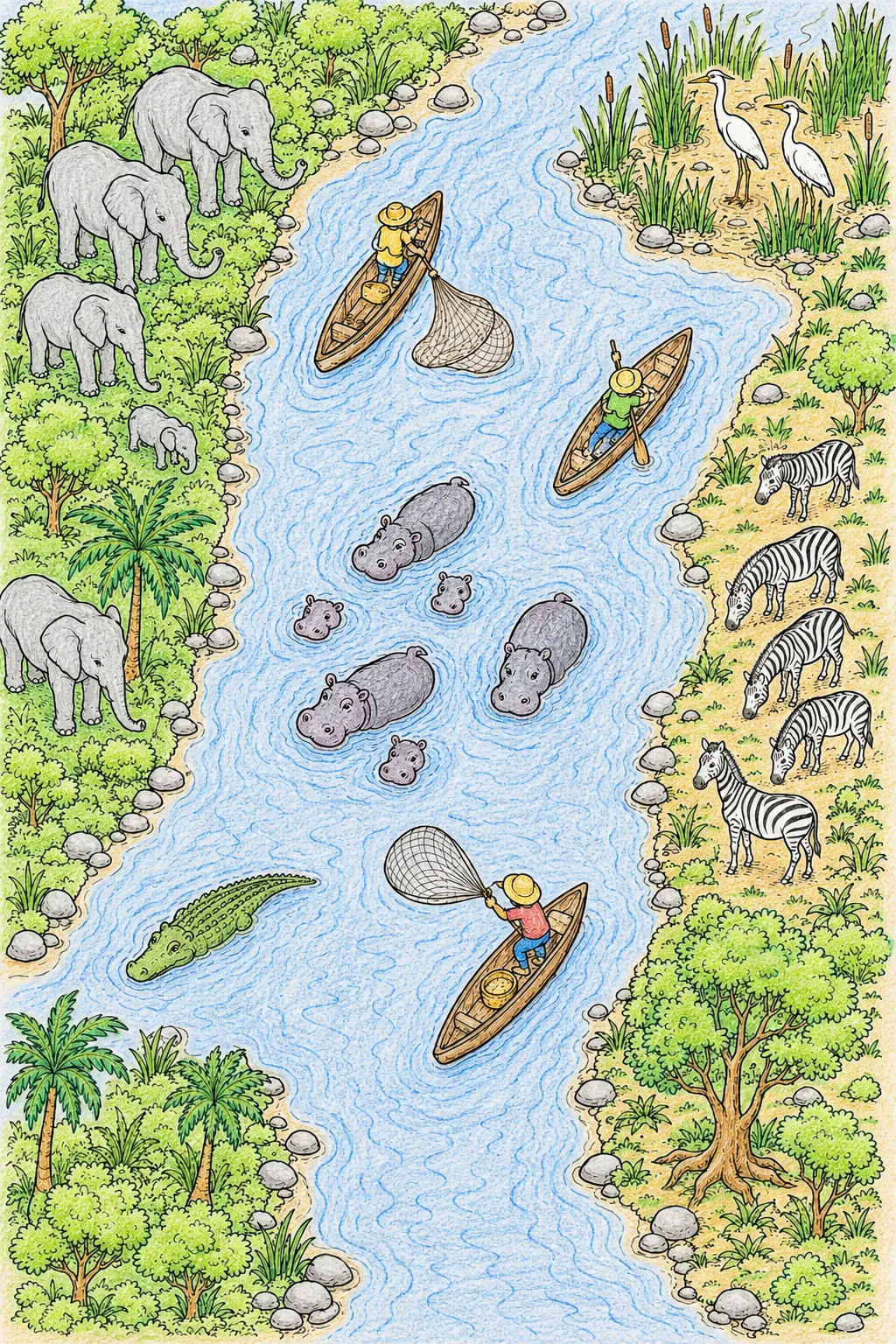 从上方俯瞰河流场景，有船只和动物