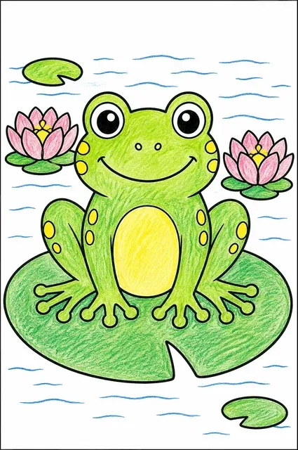 Ausmalbild: Runder Frosch sitzt auf großem Seerosenblatt