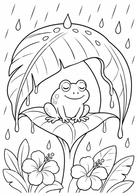青蛙舒适地坐在雨中的香蕉叶上