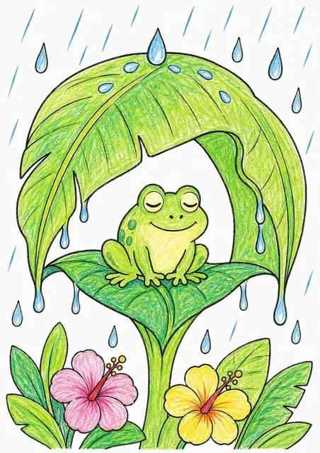 涂色页：满足的圆圆树蛙坐在热带雨中的香蕉叶雨伞下