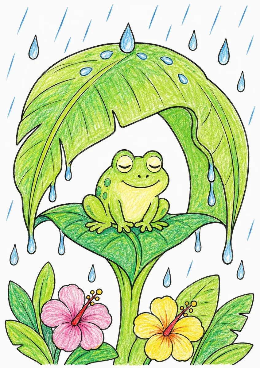 青蛙舒适地坐在雨中的香蕉叶上
