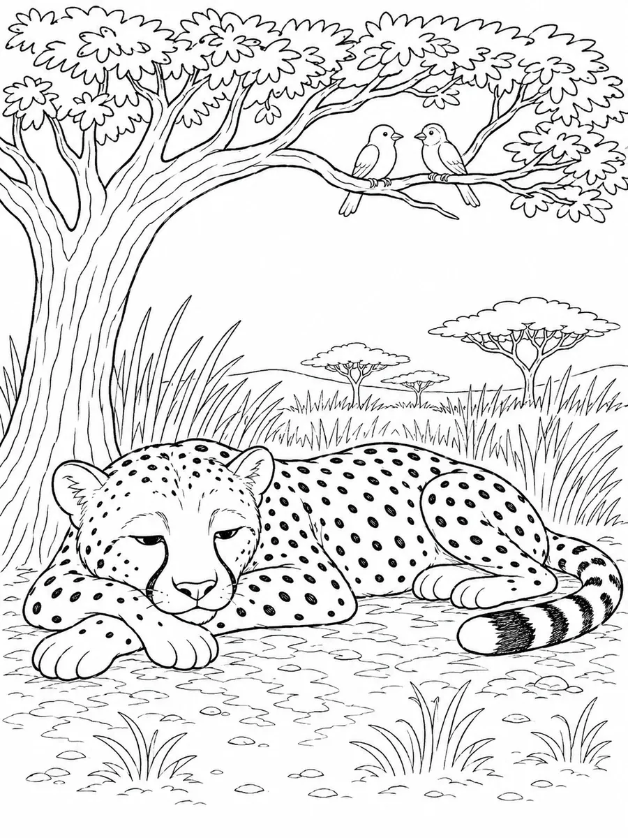Ausmalbild: Gepard liegt ausgestreckt im Schatten einer Akazie