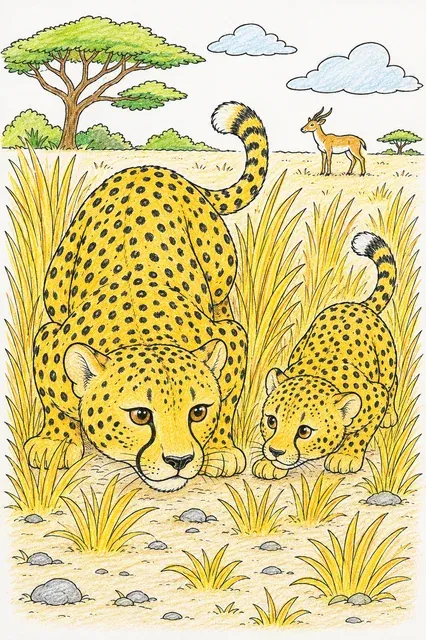 Gepard-Mutter lehrt ihrem Kind das Schleichen – So könnte es aussehen