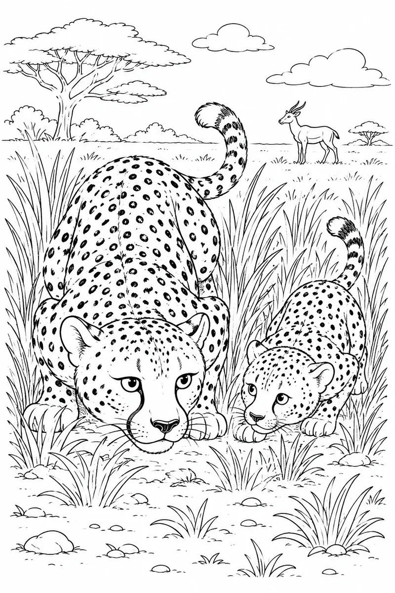Ausmalbild: Gepard-Mutter und Junges in Schleich-Pose im Savannengras