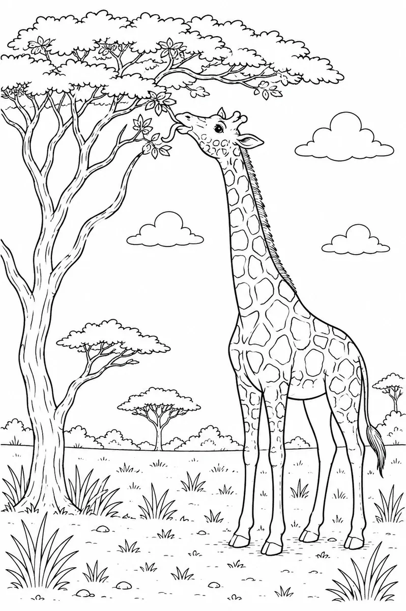 Ausmalbild: Giraffe streckt langen Hals zu Akazienblättern