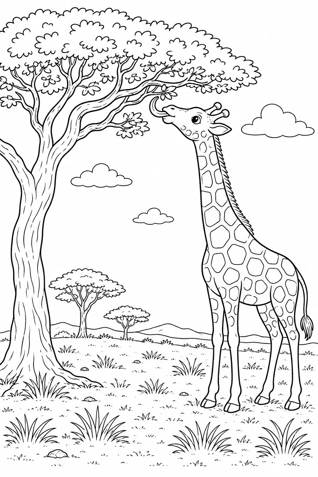 Ausmalbild: Giraffe streckt langen Hals zu Akazienblättern
