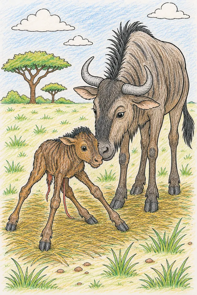 Ausmalbild: Neugeborenes Gnu-Kalb mit wackeligen Beinen versucht zu stehen, Mutter daneben