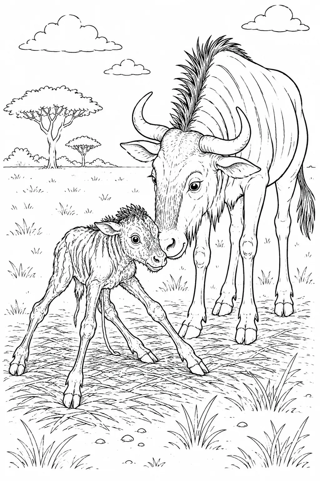 Coloring page: newborn wildebeest calf with wobbly legs trying to stand, mother beside it