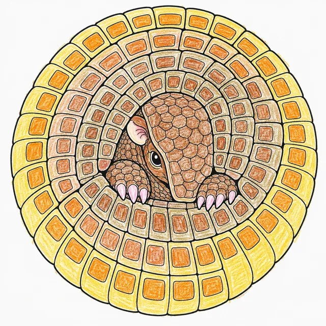 Ausmalbild: Gürteltier rollt sich zu Kugel, geometrisches Plattenmuster sichtbar