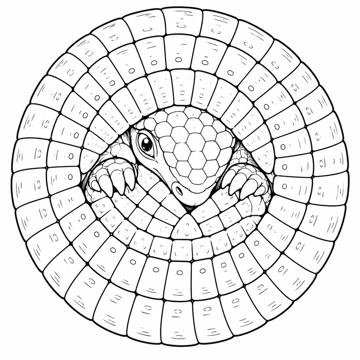 Ausmalbild: Gürteltier rollt sich zu Kugel, geometrisches Plattenmuster sichtbar
