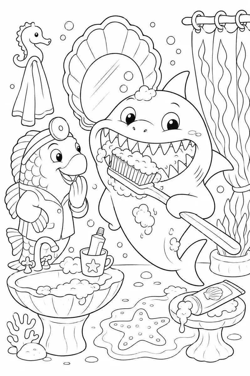 Coloring page: baby shark with enormous toothbrush and toothpaste foam doing dental hygiene