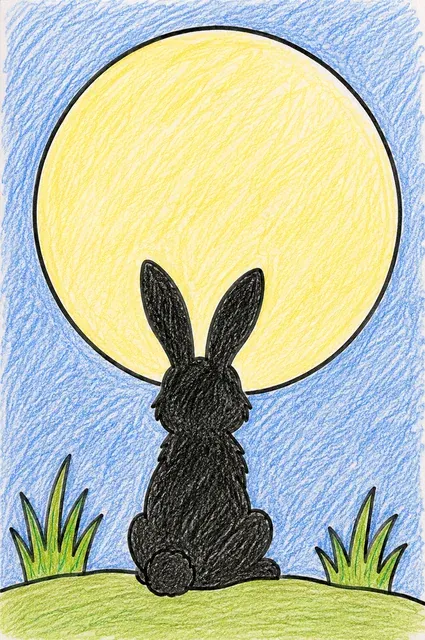 Ausmalbild: Hase in Silhouette schaut zum vollen Mond