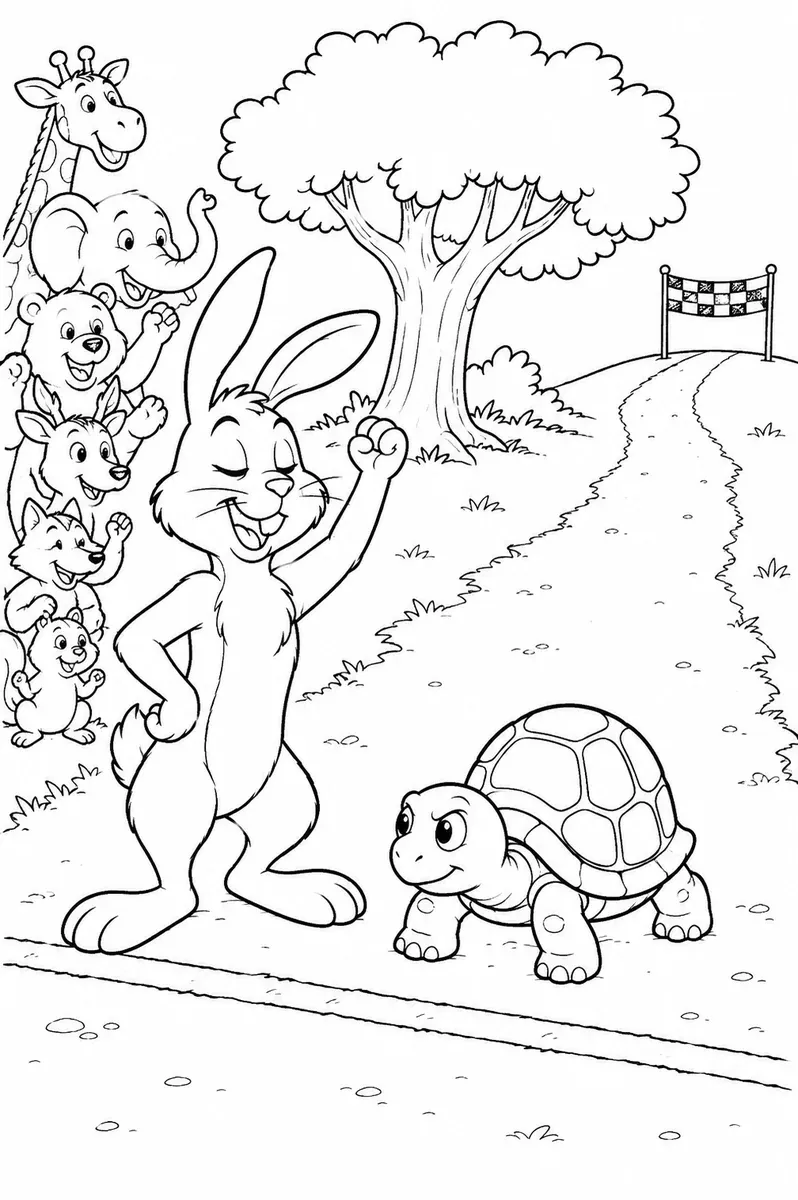 Ausmalbild: Selbstgefälliger Hase und entschlossene Schildkröte stehen an der Startlinie des berühmten Rennens