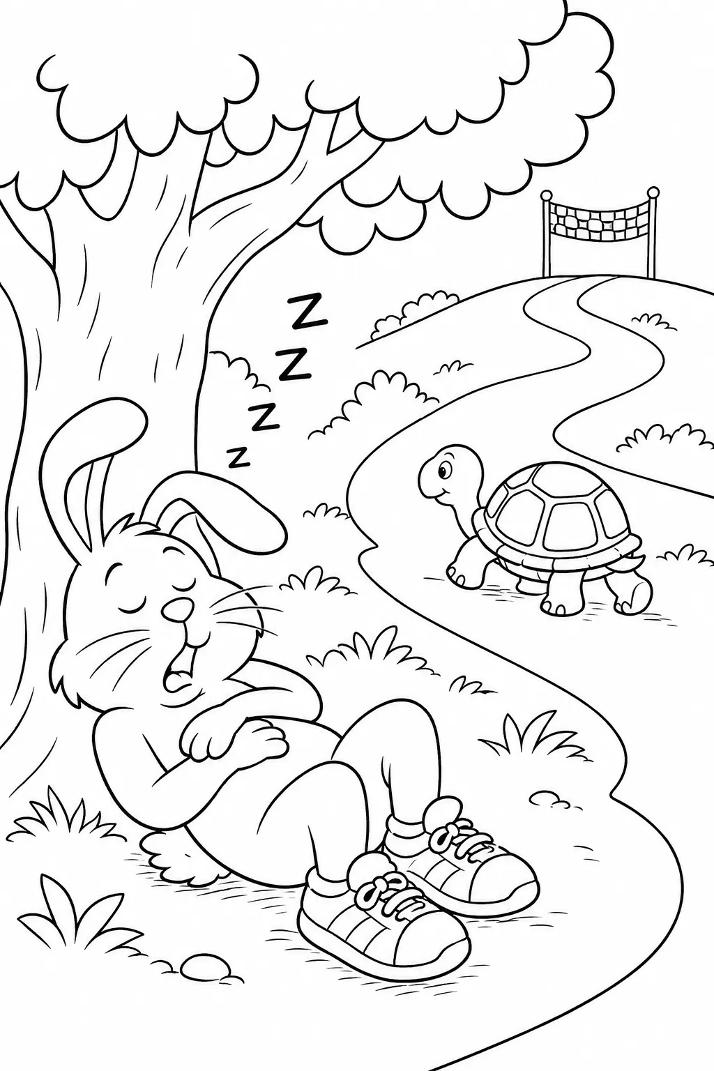 Ausmalbild: Schnarchender Hase schläft unter Baum während die Schildkröte im Hintergrund stetig zum Ziel läuft