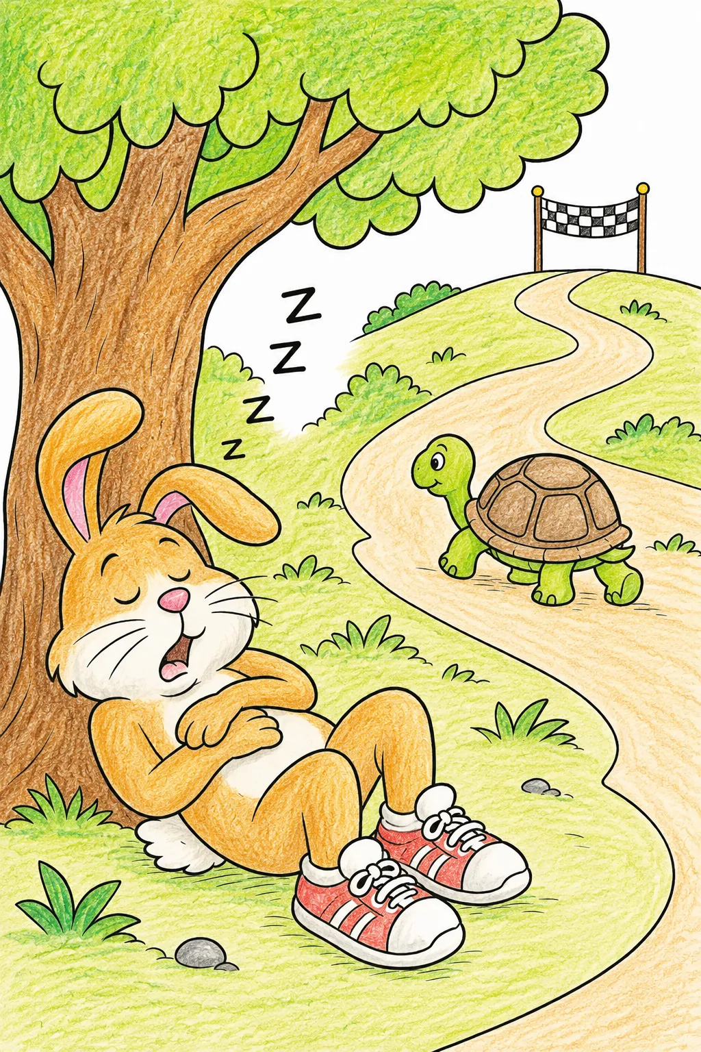 Hase schläft unter dem Baum während Schildkröte läuft