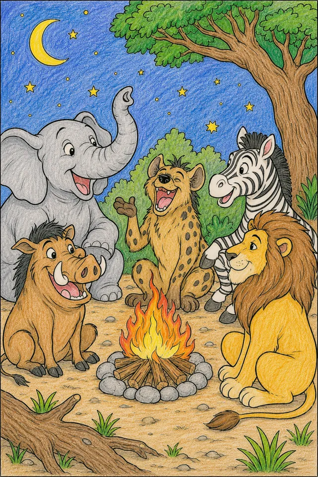Ausmalbild: Hyäne lacht laut am Lagerfeuer mit Elefant, Zebra, Löwe