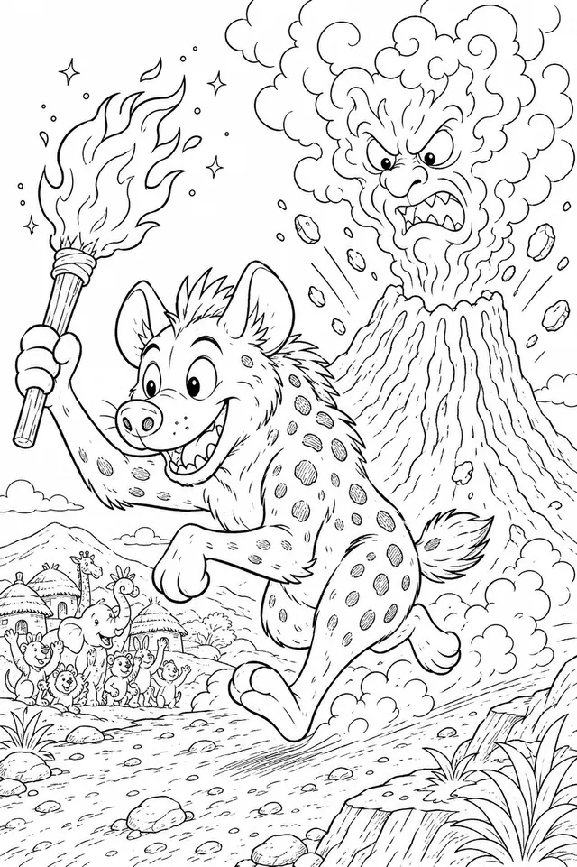 Trickster-Hyäne stiehlt das Feuer vom Vulkan