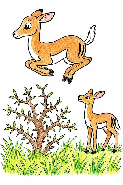 Ausmalbild: Anmutige Impala springt mit elegant gewölbtem Körper über Savanne-Busch