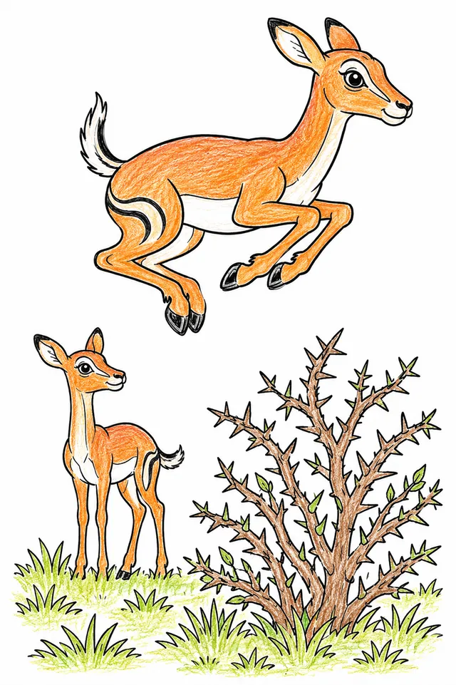 Ausmalbild: Anmutige Impala springt mit elegant gewölbtem Körper über Savanne-Busch