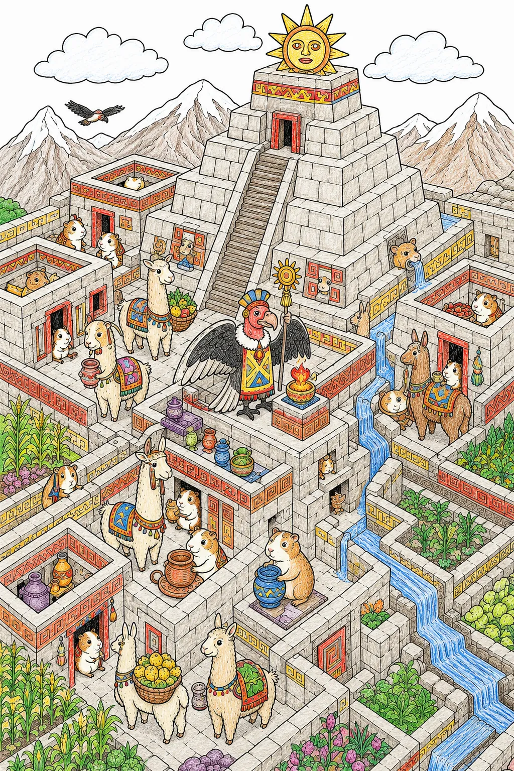 Inka-Tempel in der Vogelperspektive mit Tieren als Bewohner