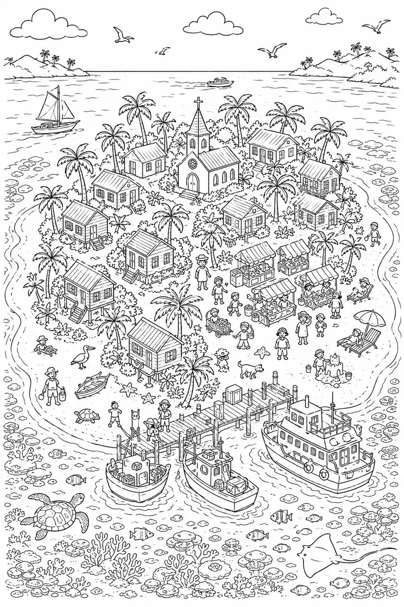 Ausmalbild: Karibische Insel von oben mit bunten Häusern, Hafen und Korallenriff