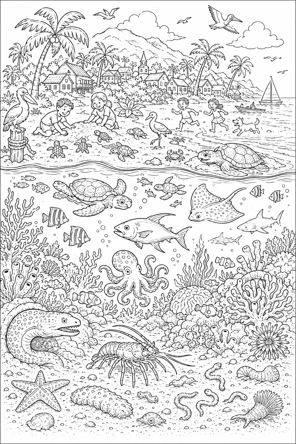 Coloring page: Caribbean island in cross-section with village above and coral reef below
