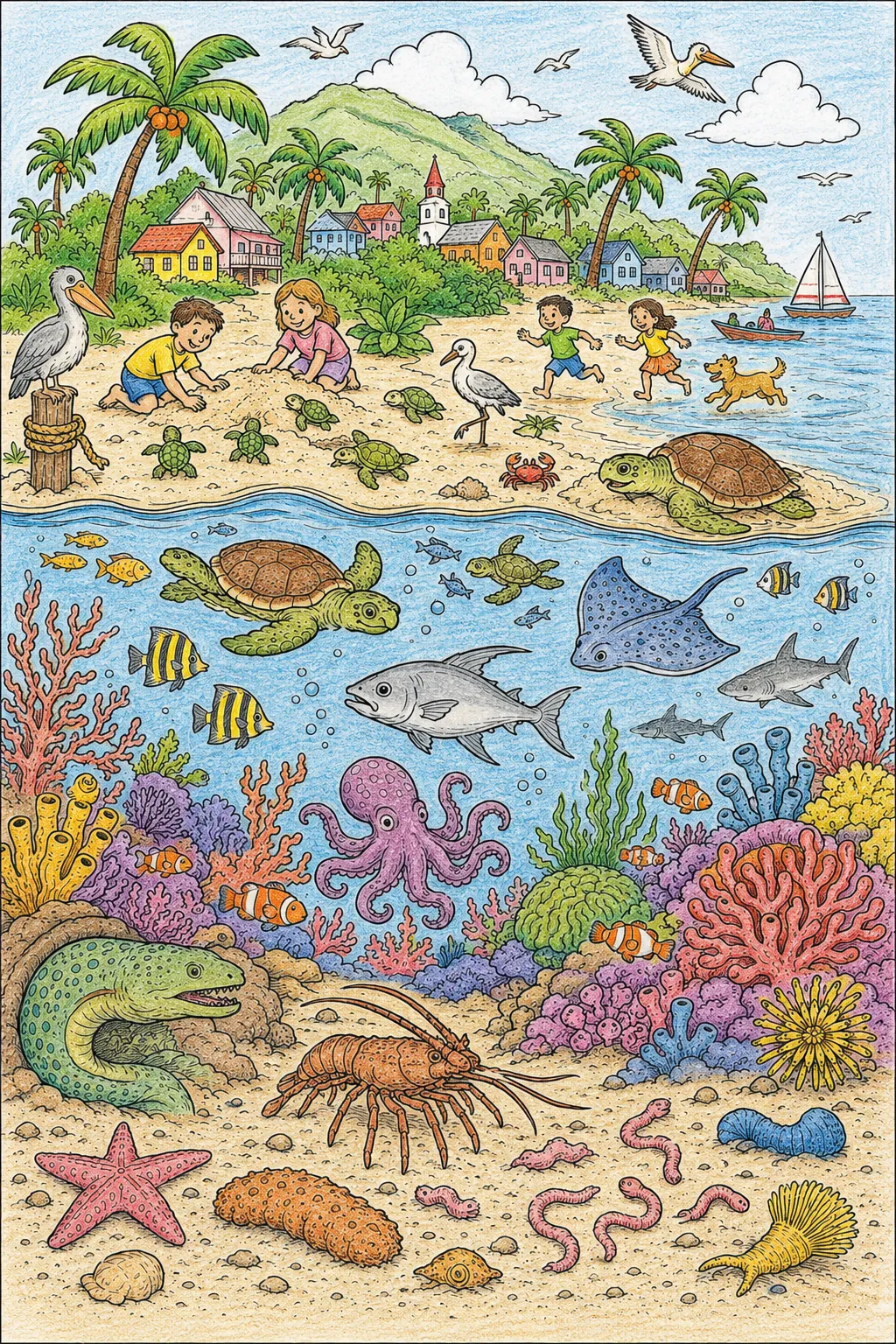 Caribbean Island in Cross-Section with Animals