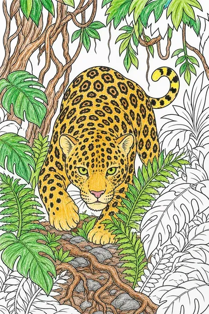 涂色页：有玫瑰花结图案的美洲豹低伏着穿过丛林植被
