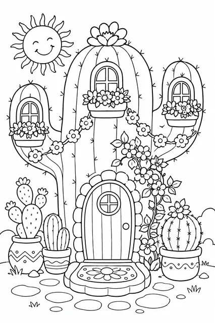 Kaktus-Haus mit bunter Blumendekoration