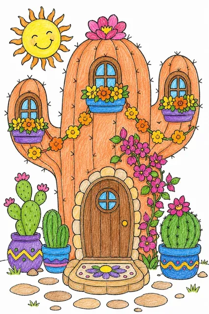 Ausmalbild: Fantasievolles Haus in Kaktus-Form mit Blumenschmuck