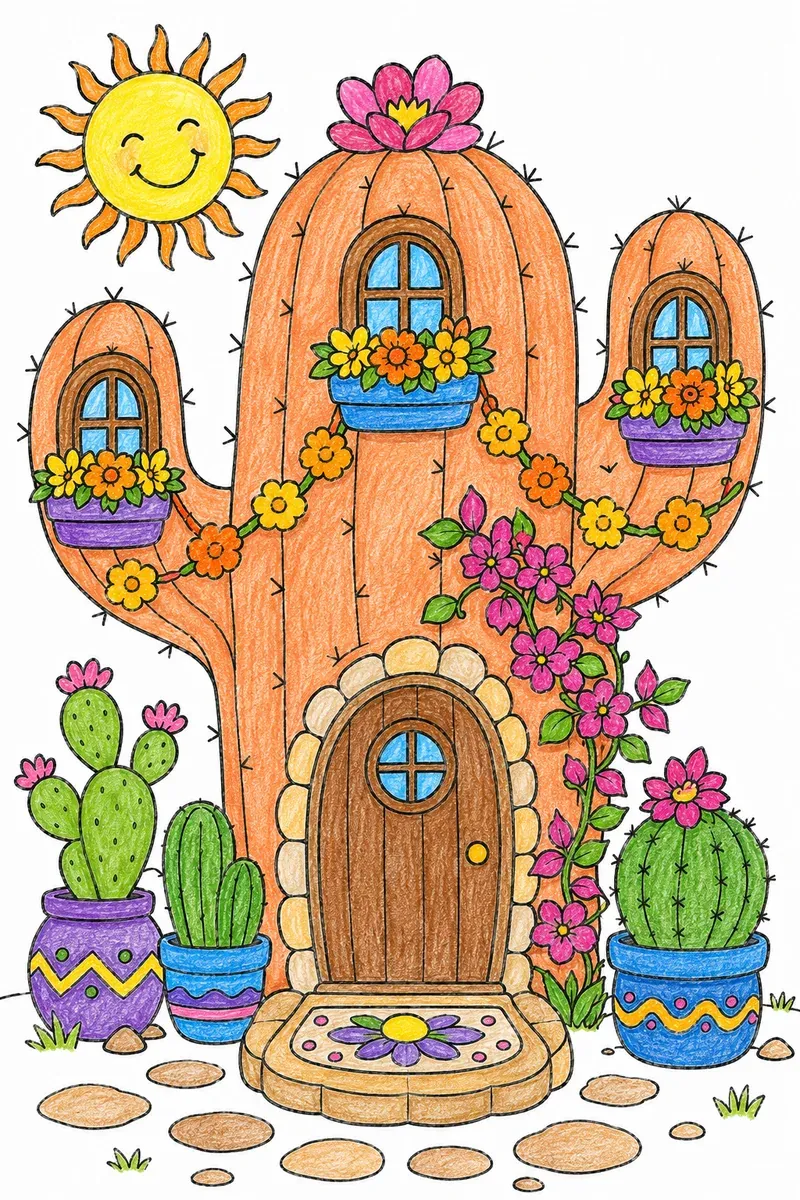Kaktus-Haus mit bunter Blumendekoration