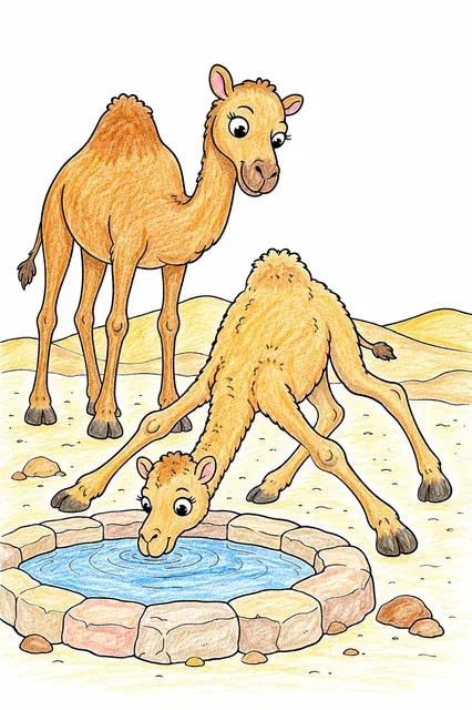 Ausmalbild: Kleines Kamel-Junges mit Beinen in alle Richtungen versucht zu trinken