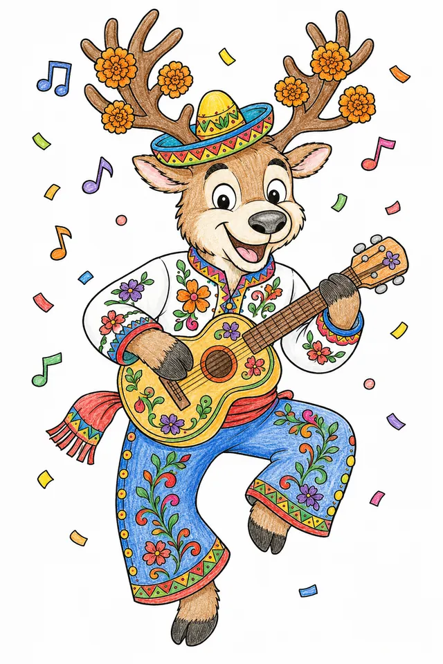 Ausmalbild: Fröhlicher Karibu tanzt aufrecht im mexikanischen Festkostüm mit Gitarre