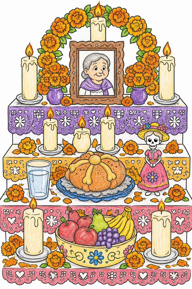 Ausmalbild: Beleuchteter Ofrenda-Altar mit Kerzen, Marigolds und Catrina-Figur