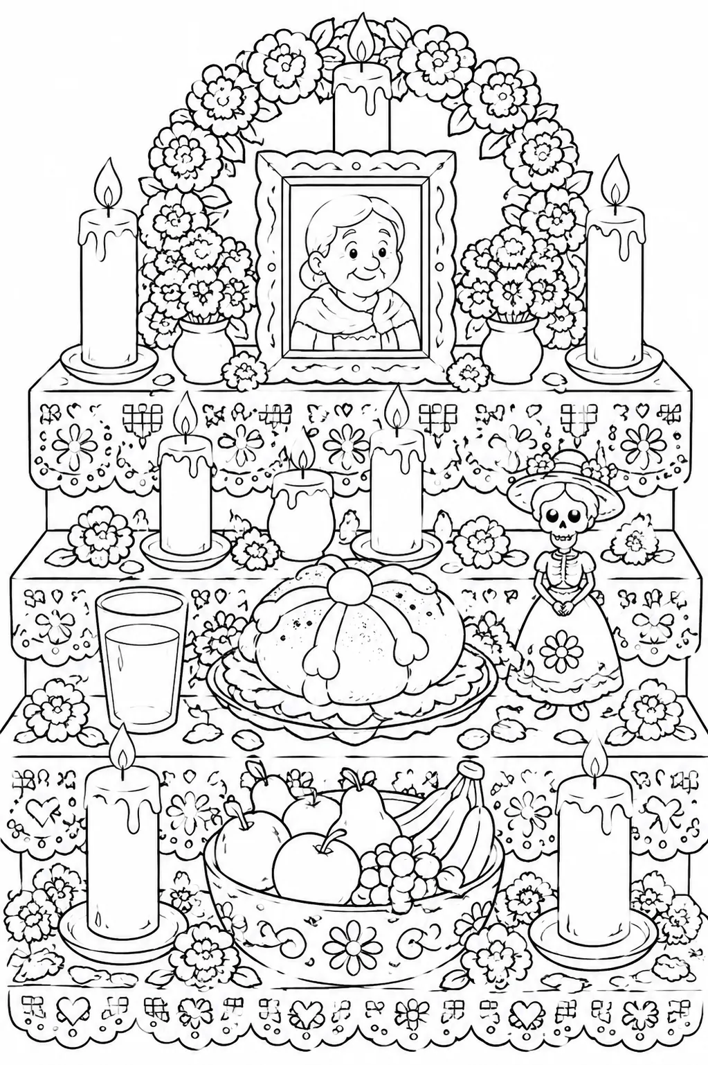 Ausmalbild: Beleuchteter Ofrenda-Altar mit Kerzen, Marigolds und Catrina-Figur