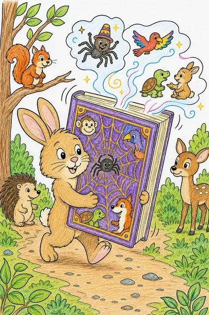 涂色页：坚定的小动物孩子拿着一本巨大的阿南西书走过阳光明媚的森林小路