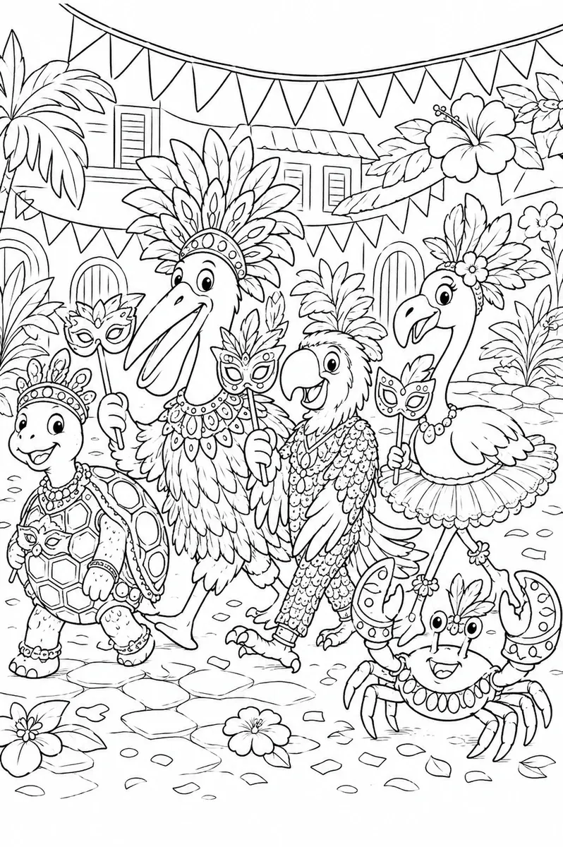 涂色页：穿着狂欢节服装、戴着彩色面具的动物孩子们在加勒比节日上游行