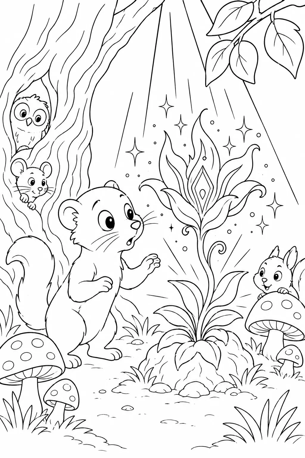 Ausmalbild: Kleines staunendes Tier findet in einer Waldlichtung eine wundersam leuchtende Zauberpflanze