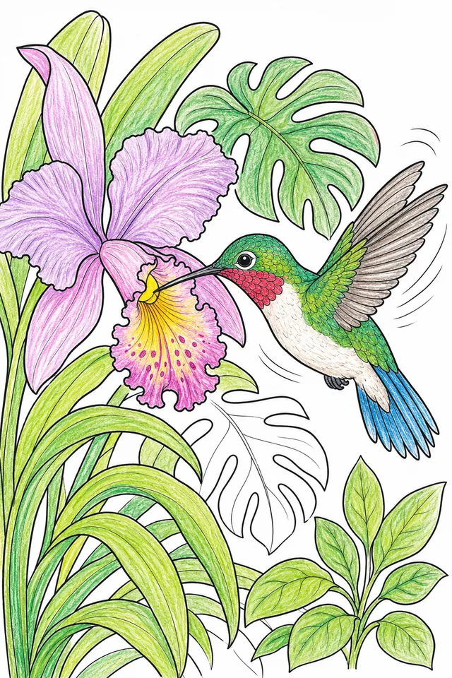 蜂鸟从热带兰花中吸食花蜜 – 涂色效果预览