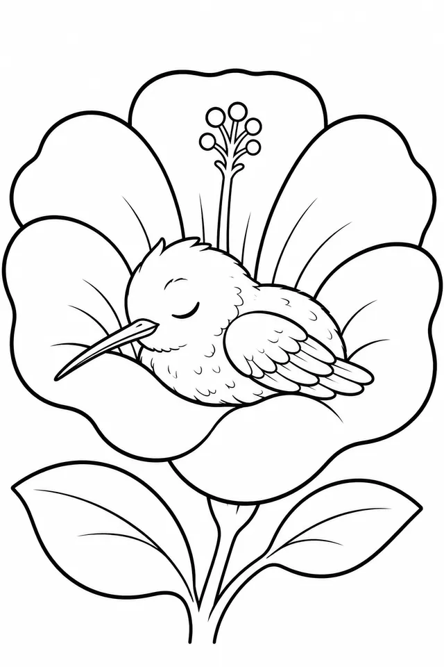 Kleiner Kolibri schläft im Blütenkelch einer Blume