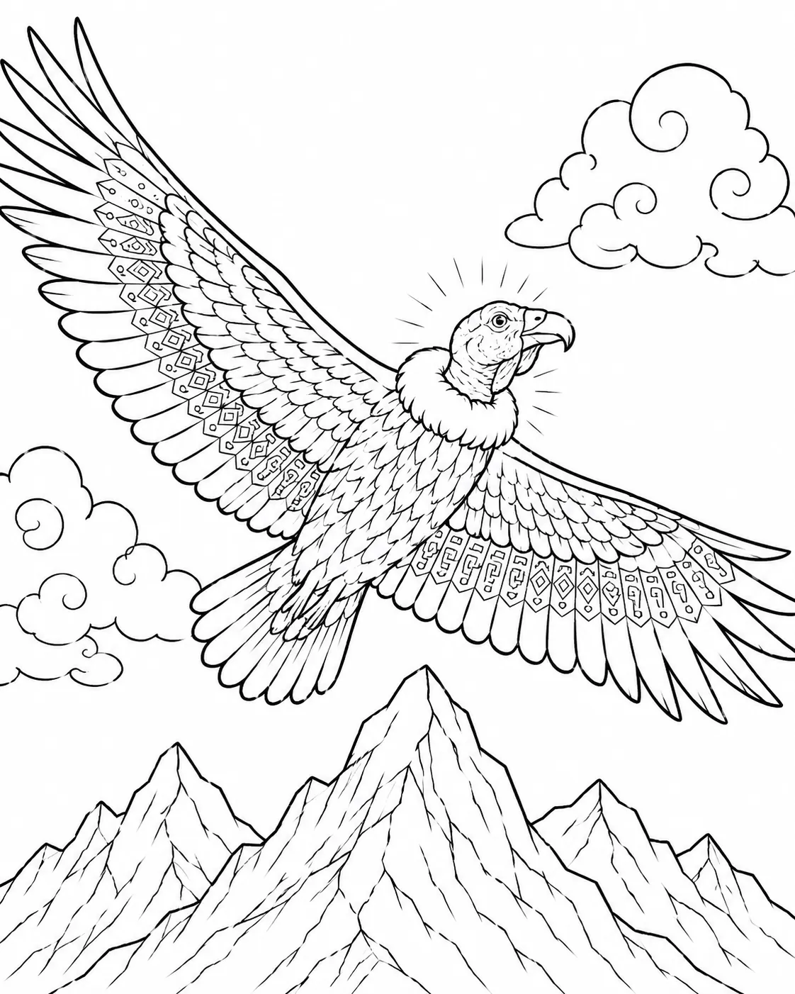 Ausmalbild: Andenkondor-Geist breitet riesige Flügel über Andengipfeln aus